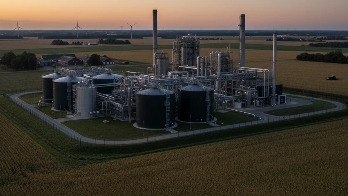 Representació genèrica d'una planta de tractament de residus o una instal·lació industrial en un entorn rural.