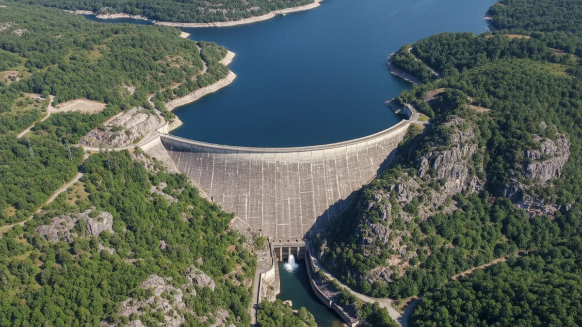 Vista aérea de un gran embalse de montaña con agua abundante y las orillas cubiertas de vegetación.