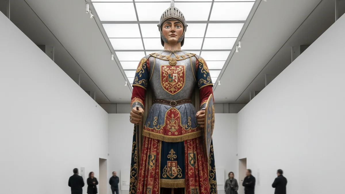Figura gegant tradicional catalana exposada en una sala d'exposicions moderna amb llum neutra.