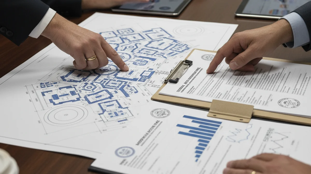 Representació genèrica d'un plànol urbanístic o d'un projecte d'infraestructura amb documents oficials a sobre d'una taula.