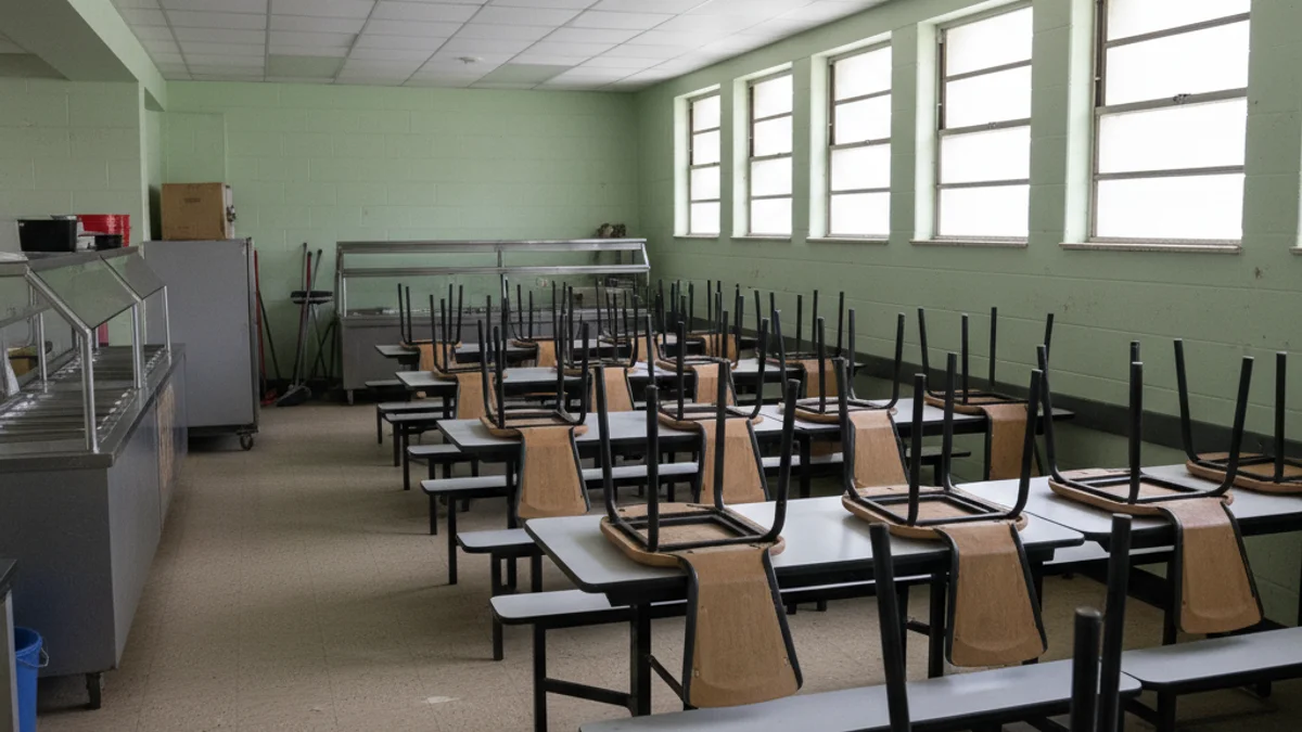 Imatge genèrica d'un menjador escolar amb taules i cadires buides, simbolitzant la manca d'espai.