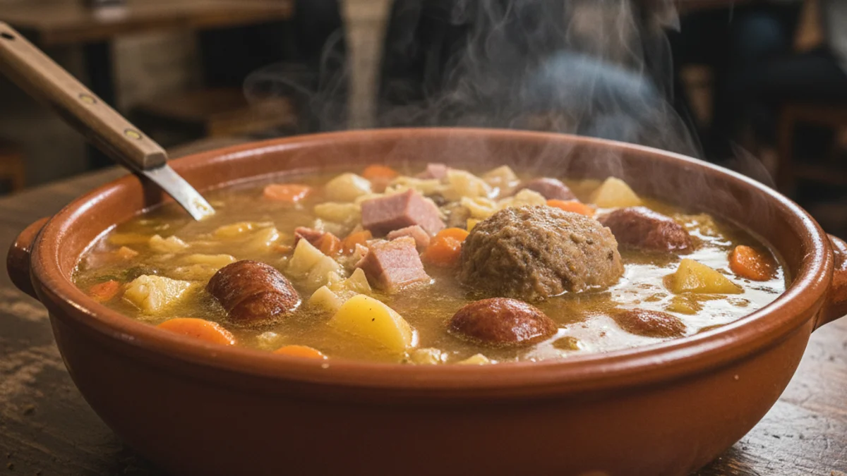 Un bol d'escudella i carn d'olla tradicional amb el brou fosc i els trossos de carn i verdura.