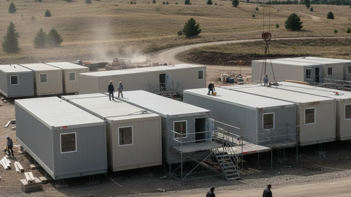 Vista d'un terreny en obres on s'estan instal·lant mòduls prefabricats per a habitatge temporal.