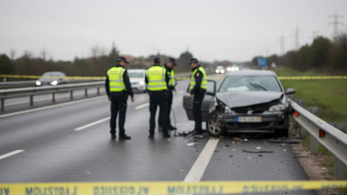 Escena d'investigació policial en una carretera, amb un vehicle accidentat i agents examinant la zona.
