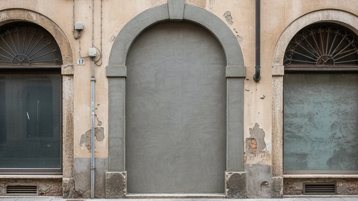Entrada d'un local comercial abandonat al barri Gòtic de Barcelona, completament segellada amb ciment fresc després d'una operació policial.