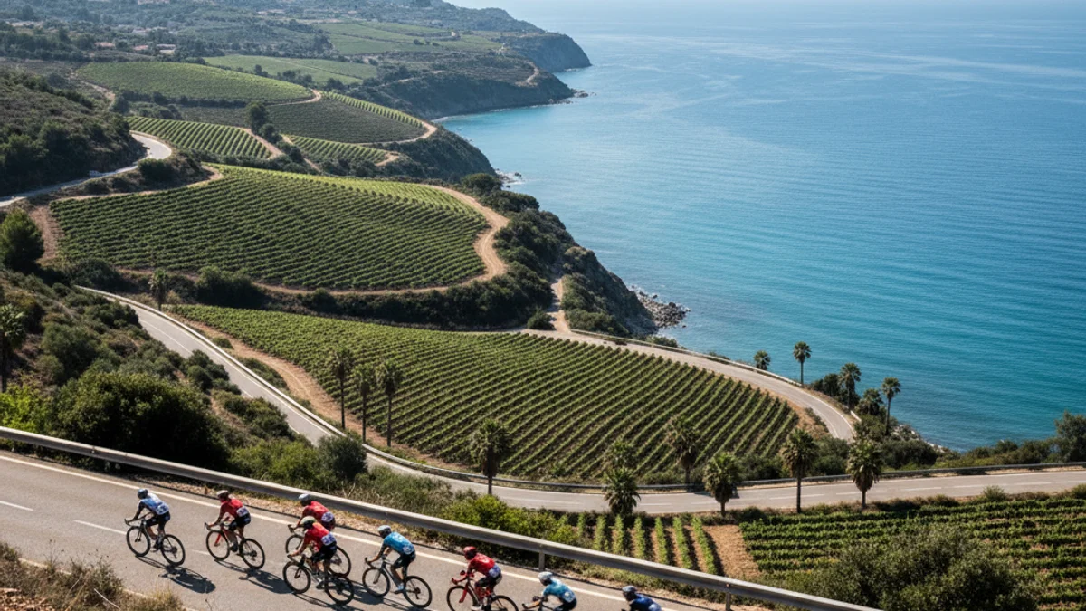 Representació genèrica d'una etapa ciclista amb ciclistes en silueta i un paisatge rural al fons.