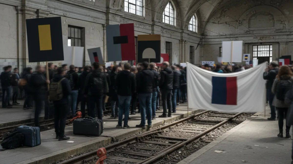 Imagen genérica de una multitud manifestándose cerca de una estación de tren o en una zona ferroviaria.