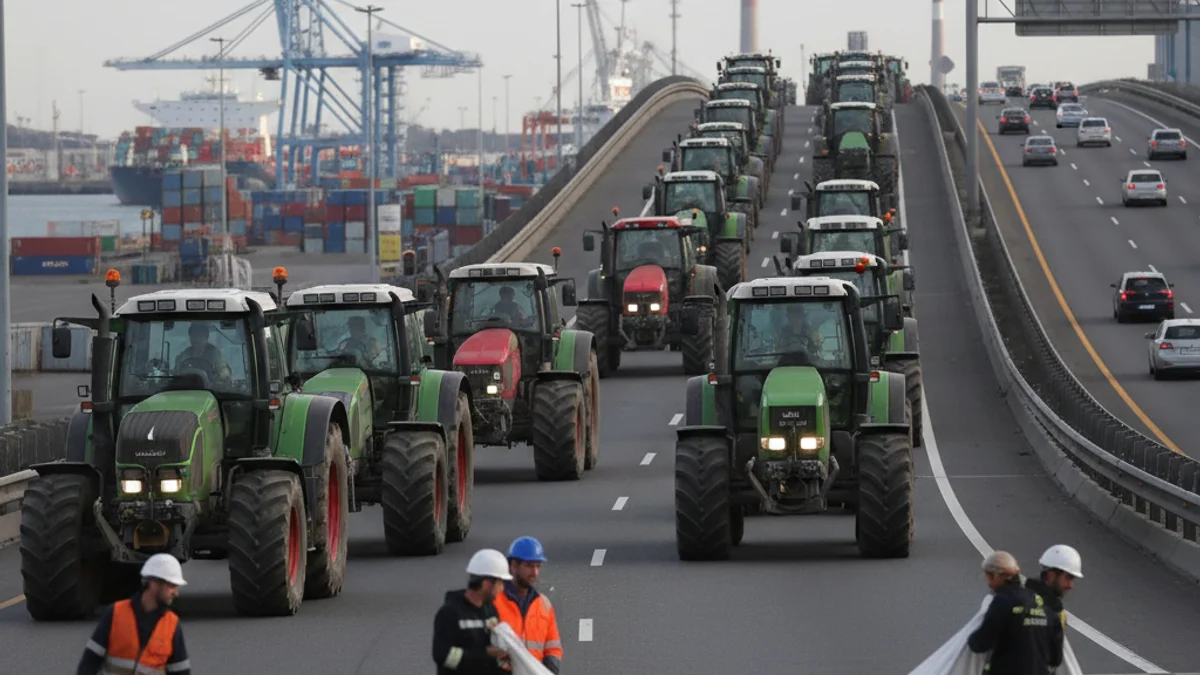 Imatge genèrica de tractors i material de protesta sent recollit a l'accés d'un port industrial.