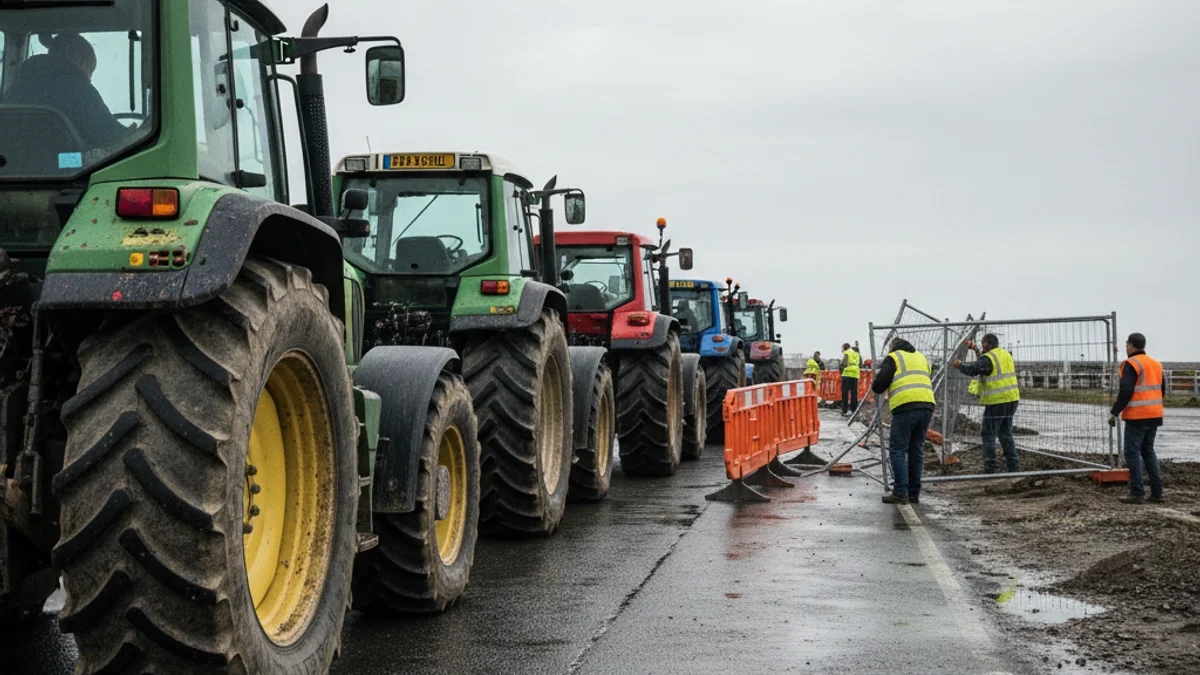 Imatge genèrica de tractors abandonant una zona de bloqueig prop d'un accés portuari, amb barreres desmuntades.