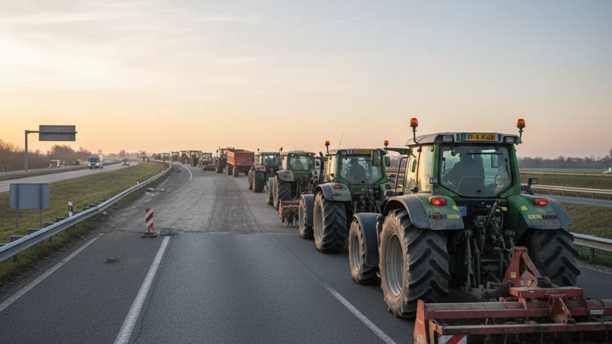 Maquinària agrícola i tractors abandonant una carretera tallada després de cinc dies de protesta.