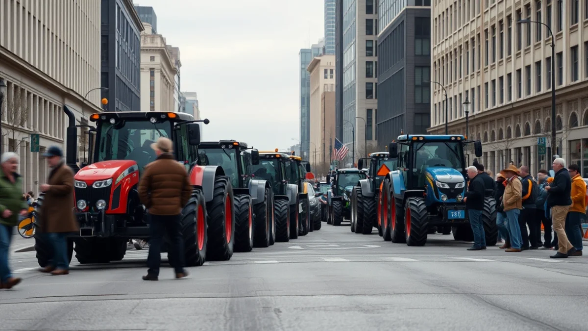 Imatge genèrica de tractors aturats en una carretera o carrer durant una protesta agrícola a la ciutat.