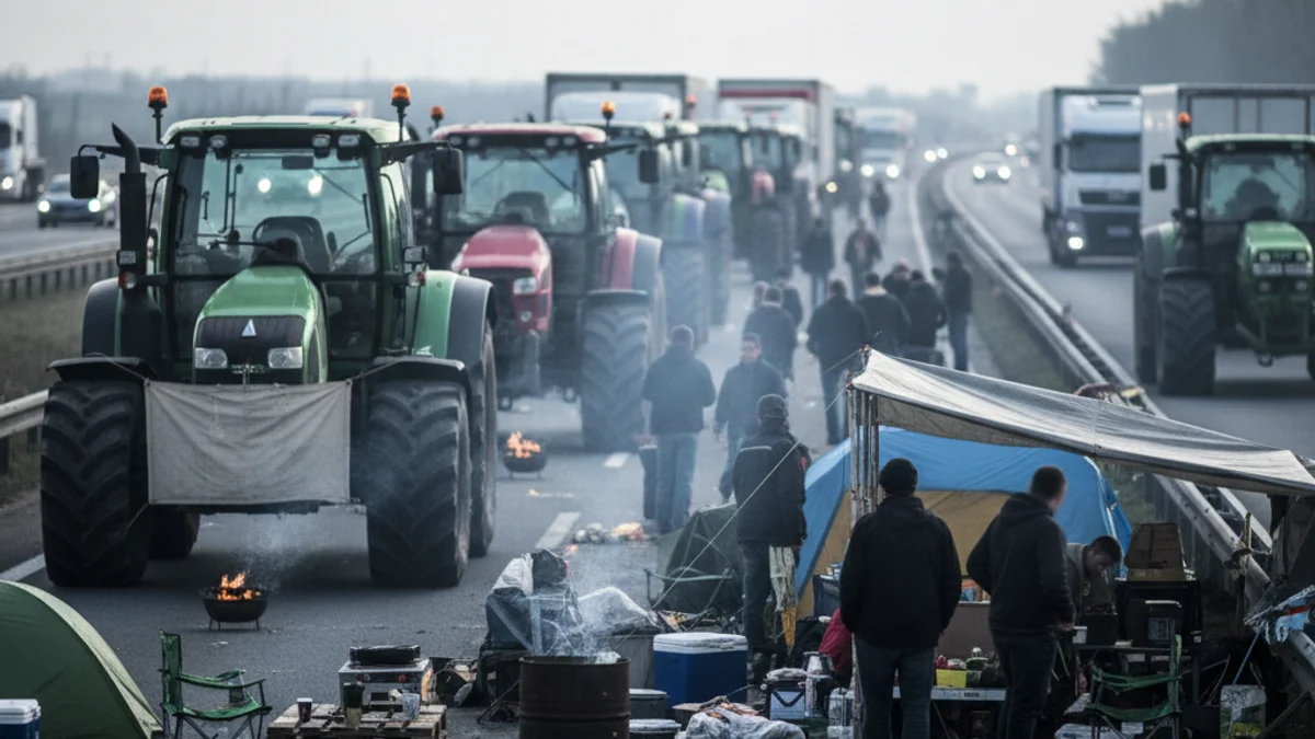 Imatge genèrica d'una protesta de pagesos amb tractors bloquejant una autopista a primera hora del matí.