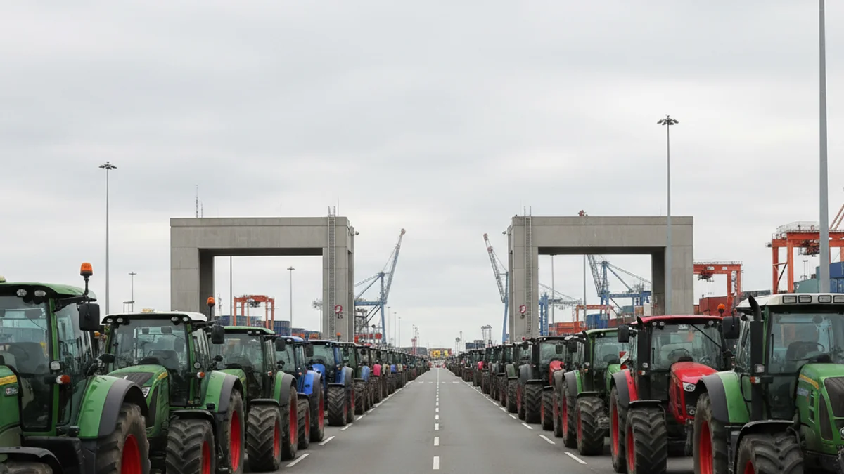 Vista d'una fila de tractors bloquejant l'accés a una infraestructura portuària o industrial, amb figures borroses de manifestants al fons.