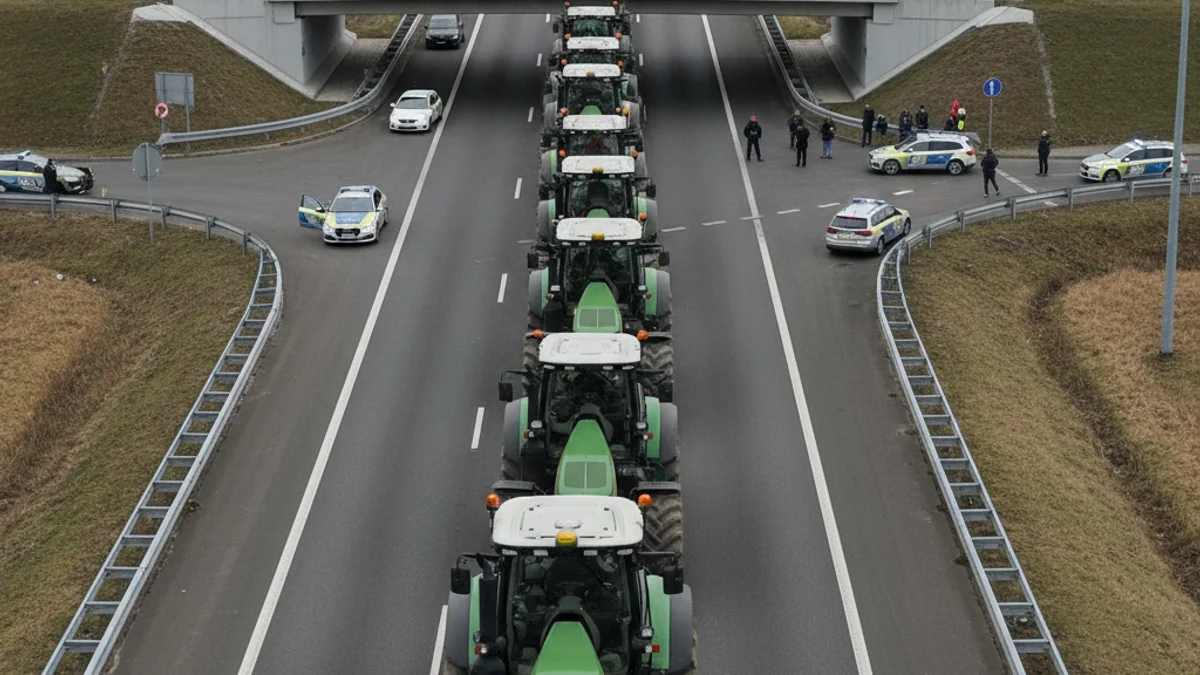 Imatge genèrica de tractors bloquejant una carretera principal durant una protesta agrícola.