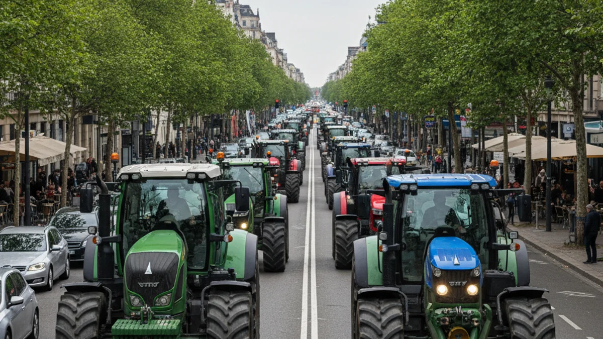 Imatge genèrica d'una marxa de tractors circulant per un carrer urbà durant una protesta agrícola.