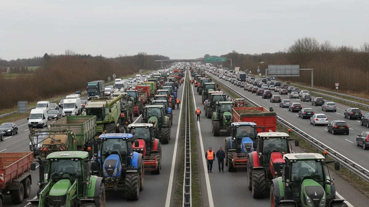 Vista general d'una autopista bloquejada per vehicles agrícoles durant una protesta del sector primari.