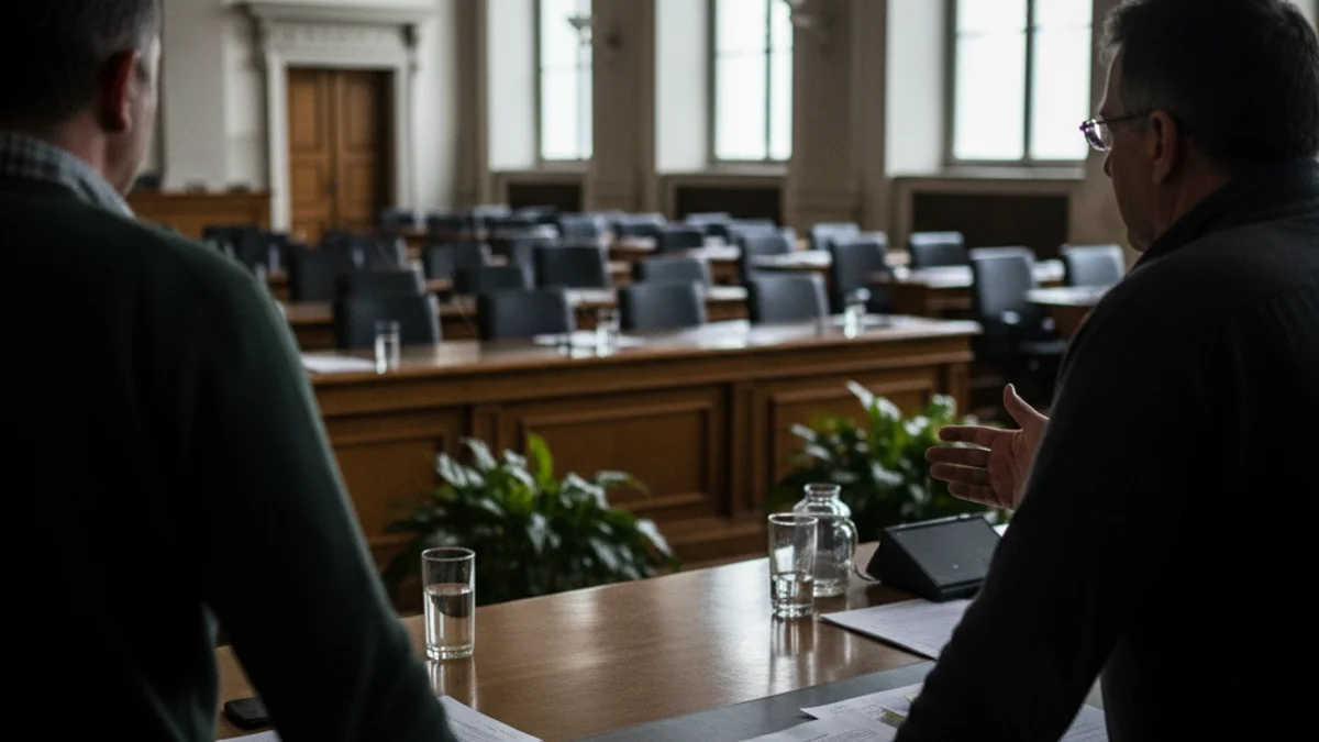 Ramaders reunits en una comissió parlamentària o en una granja, amb figures borroses en un context de debat agrícola.