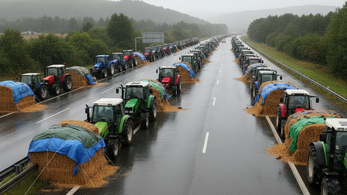 Vista d'un grup de manifestants sota coberts improvisats fets amb palla i veles enmig d'una autopista tallada.