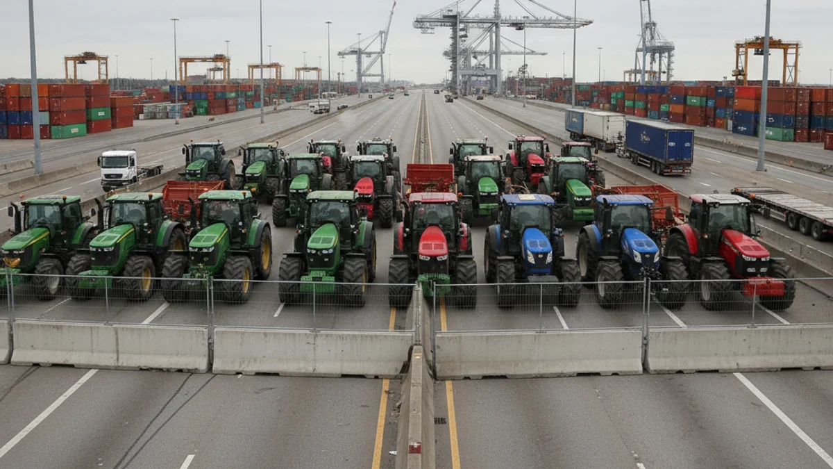 Vista d'una carretera d'accés a un port bloquejada per diversos tractors en una protesta agrícola.