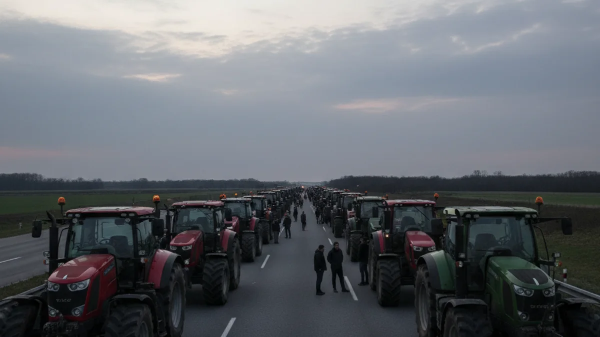 Imatge genèrica d'una carretera tallada amb vehicles aturats i figures borroses de manifestants.