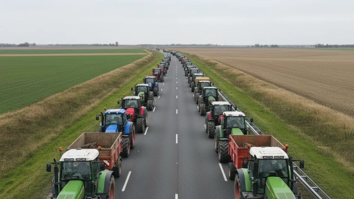 Imatge genèrica de tractors bloquejant una carretera o autopista, amb senyals de trànsit al fons.