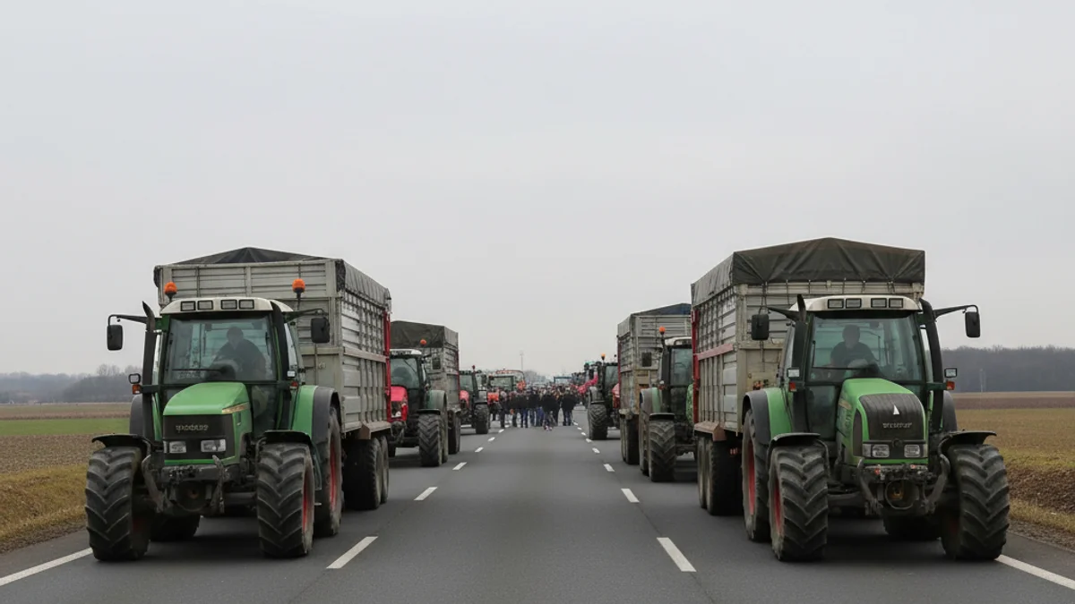 Imatge genèrica de tractors i vehicles aturats en una autopista buida durant una protesta agrícola a Catalunya.