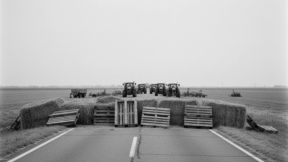 Imatge genèrica d'una carretera tallada per vehicles agrícoles o barricades en una protesta.