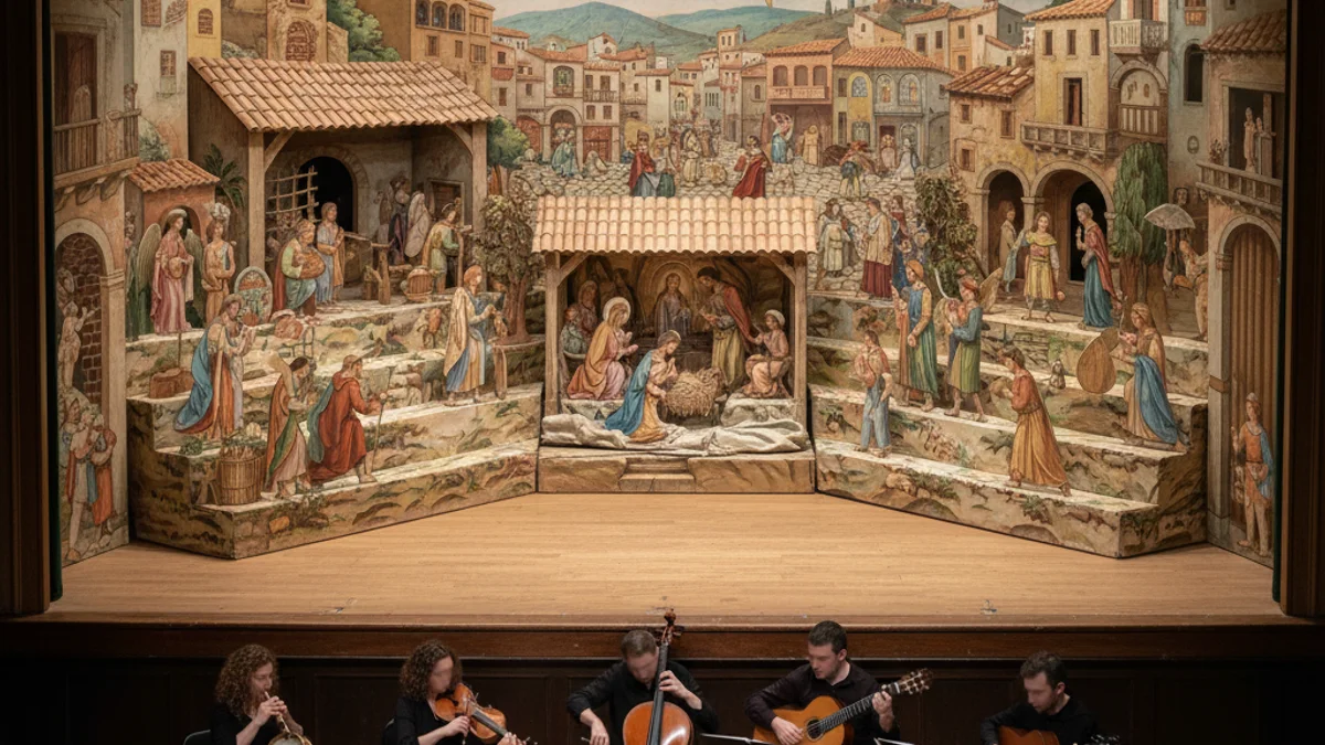 Representació teatral tradicional catalana de Nadal amb actors i decorats històrics.