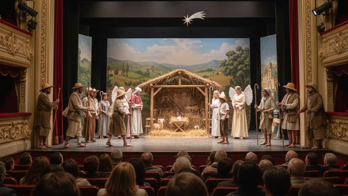 Representació teatral tradicional catalana amb vestits d'època en un escenari il·luminat.