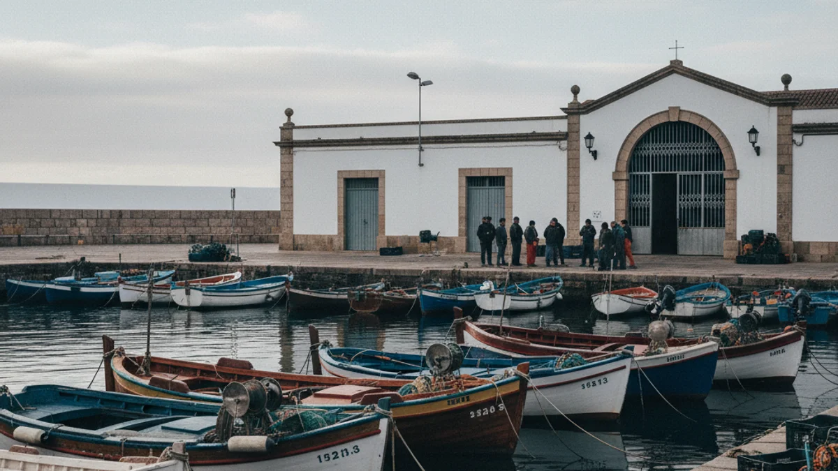 Pescadors en un port, amb vaixells d'arrossegament amarrats i les llotges tancades en senyal de protesta.