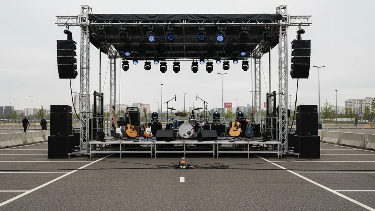 Imatge genèrica d'un escenari de concert de rock amb instruments i focus, sense públic ni persones reconeixibles.