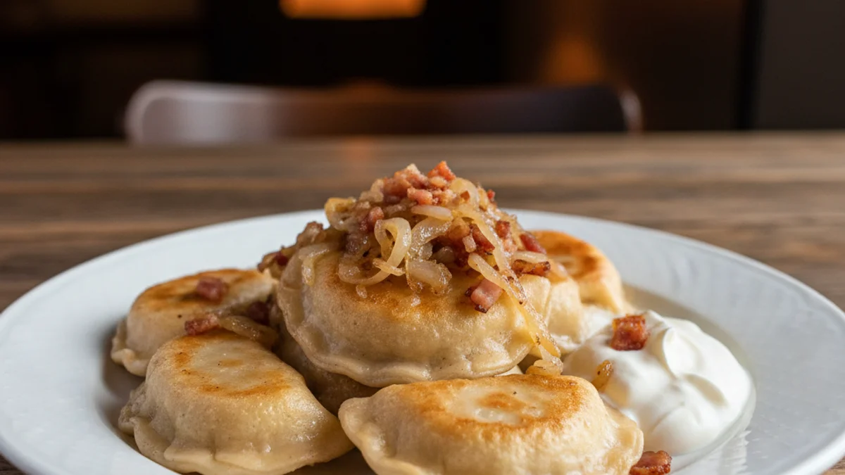Imatge d'un plat de pierogi tradicionals polonesos servits amb ceba caramel·litzada i crema agra.