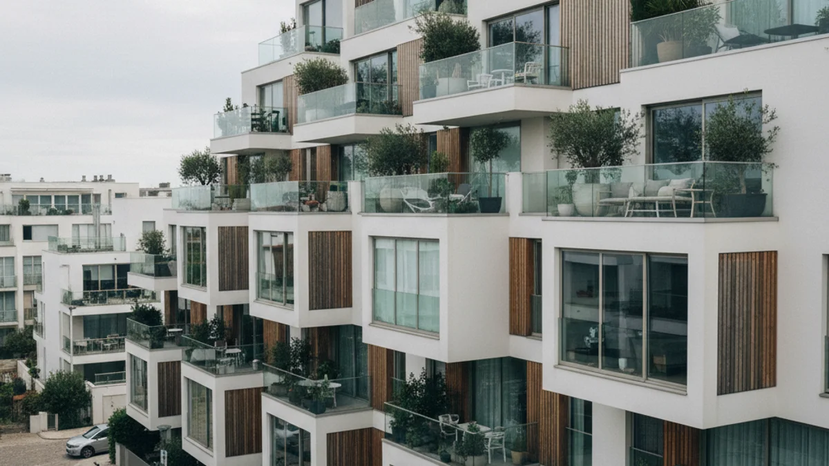 Imatge genèrica d'un barri residencial modern amb blocs d'apartaments, simbolitzant el mercat immobiliari.