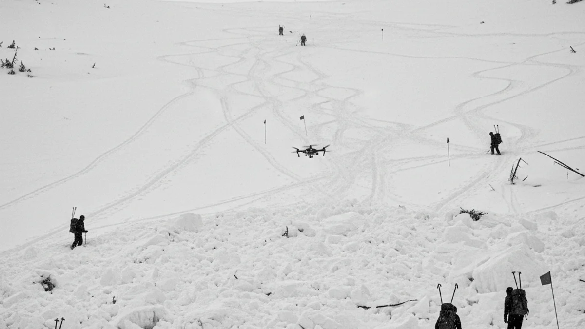 Equips d'emergència treballant en una zona de muntanya nevada després d'una allau.
