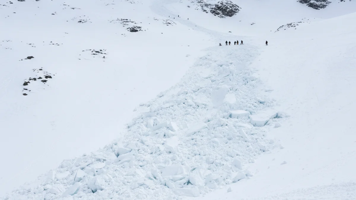 Vista d'una àmplia zona de neu alterada en una muntanya, amb figures borroses de rescatadors a la distància.
