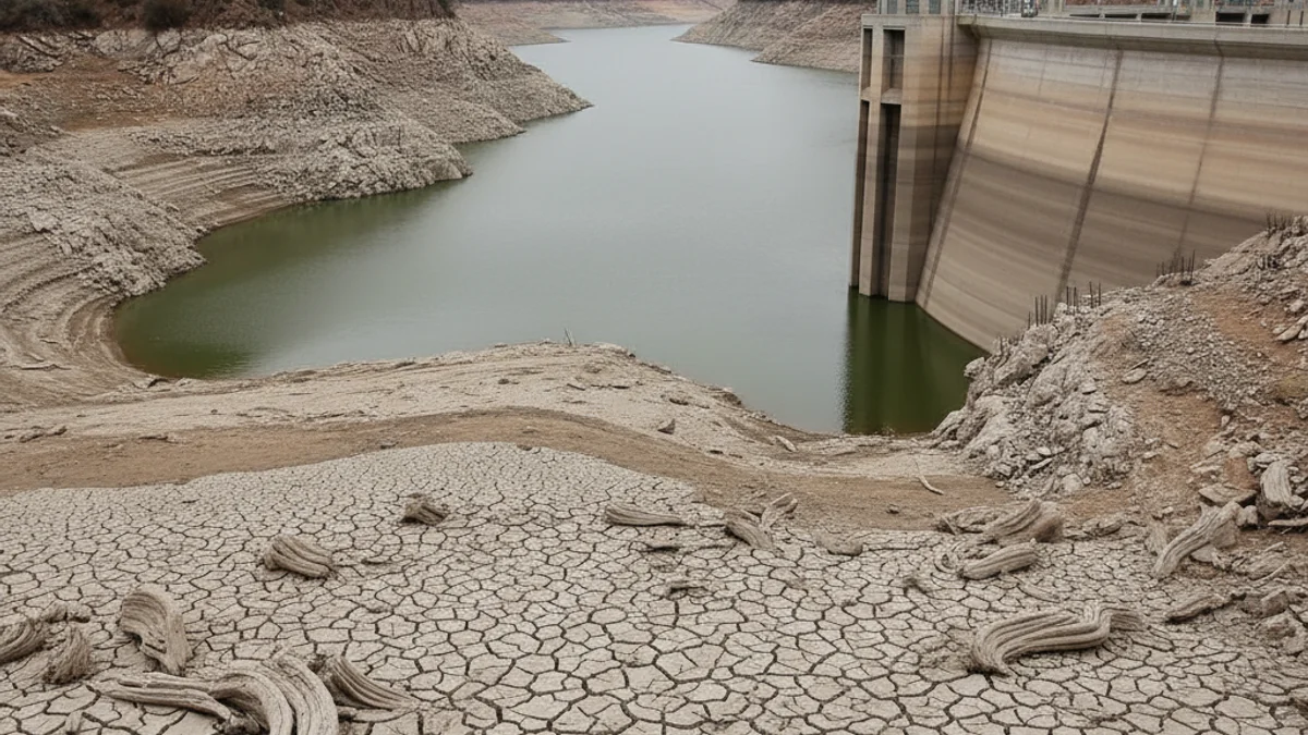 Imatge genèrica d'un embassament amb nivells d'aigua baixos o una presa de regadiu.