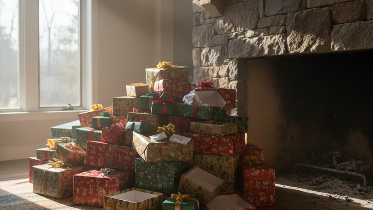 Piles de regals embolicats en una llar, amb llum tènue de matinada, simbolitzant el dia de Reis.