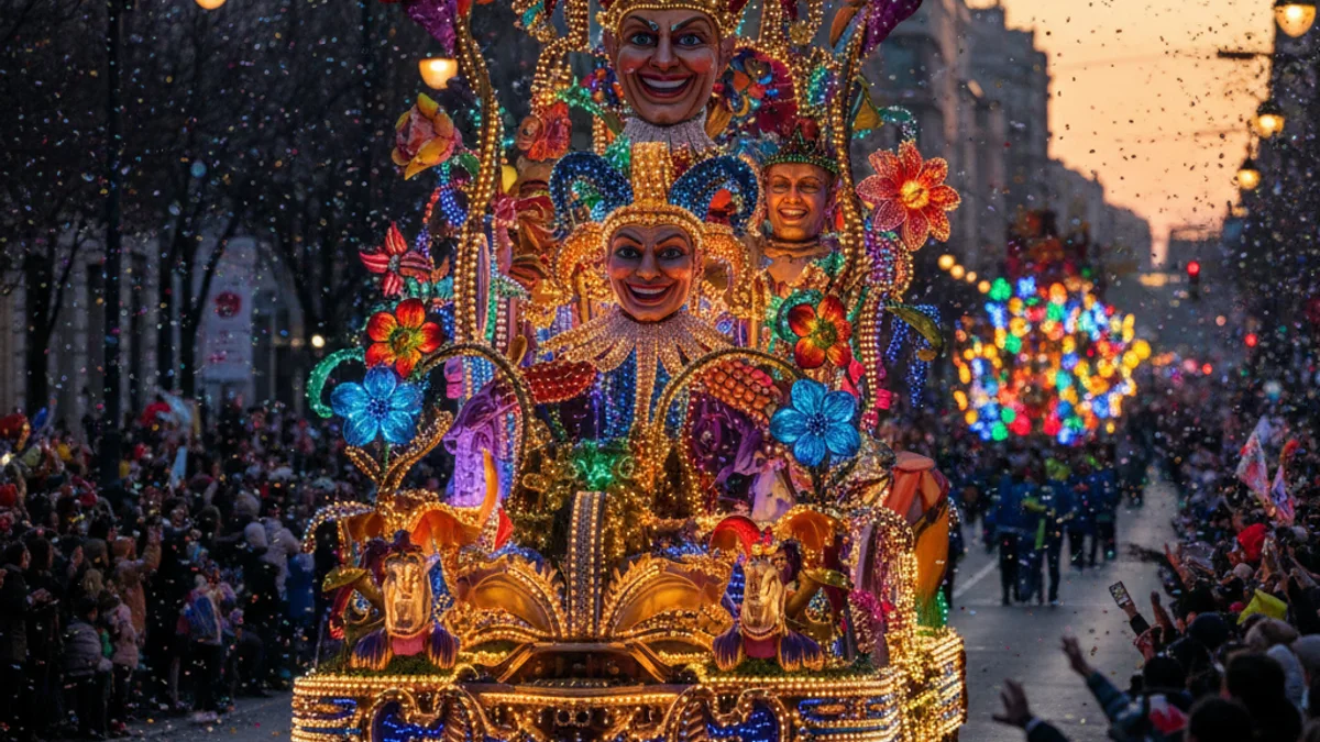 Una carrossa de la Cavalcada de Reis a la nit, amb figures reials i multitud d'espectadors.