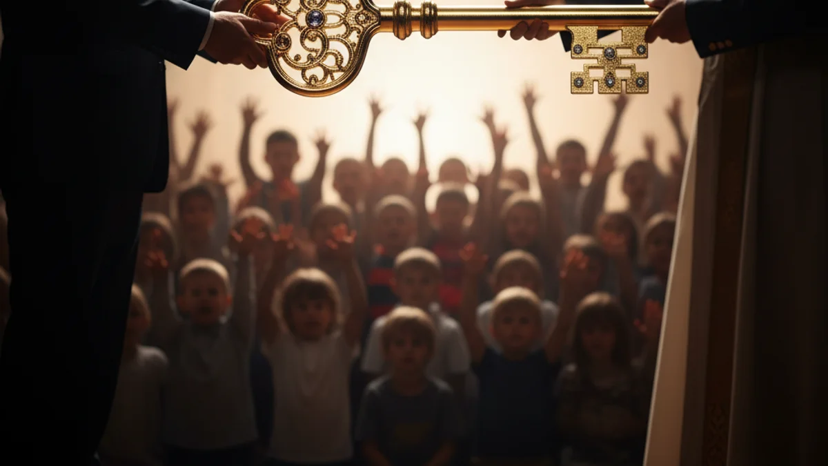 Una clau daurada i gran, símbol de l'accés a totes les llars, en un context festiu.