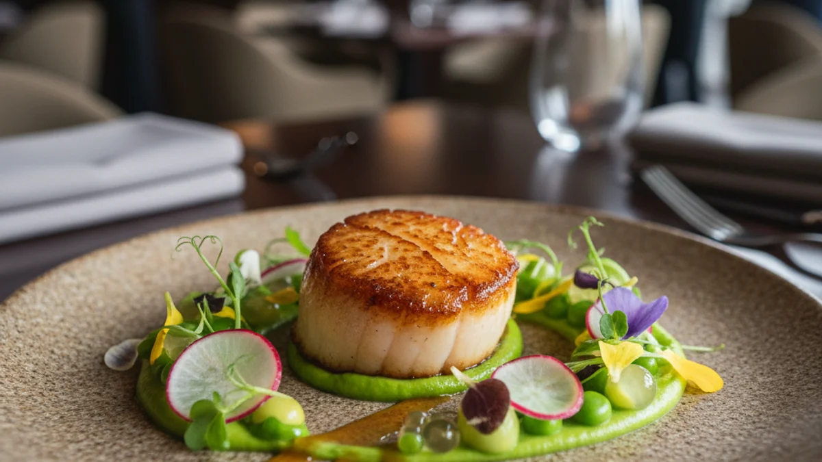 Imatge genèrica d'un plat d'alta cuina en un restaurant elegant, amb focus en els ingredients i la presentació.