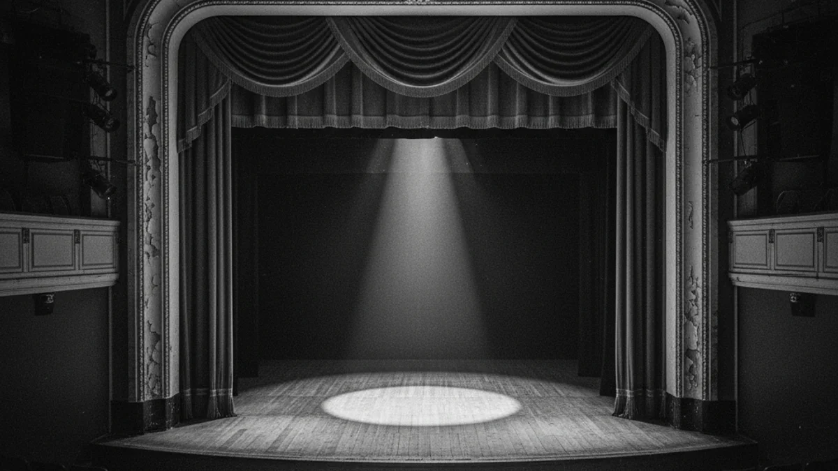 Escenari d'un teatre buit amb cortines vermelles i focus il·luminant l'espai central.