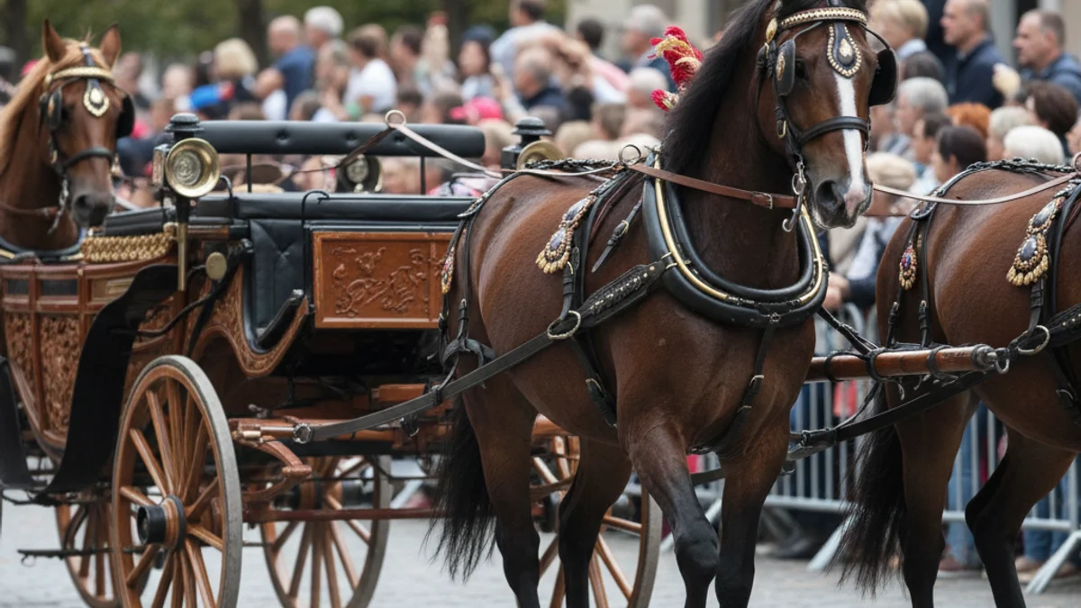 Cavalls i carruatges guarnits desfilant en una cercavila tradicional de cultura popular catalana.