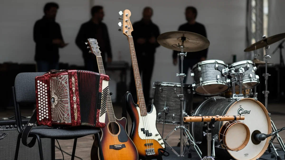 Imatge genèrica d'instruments musicals (acordió, guitarra i bateria) en un escenari buit.