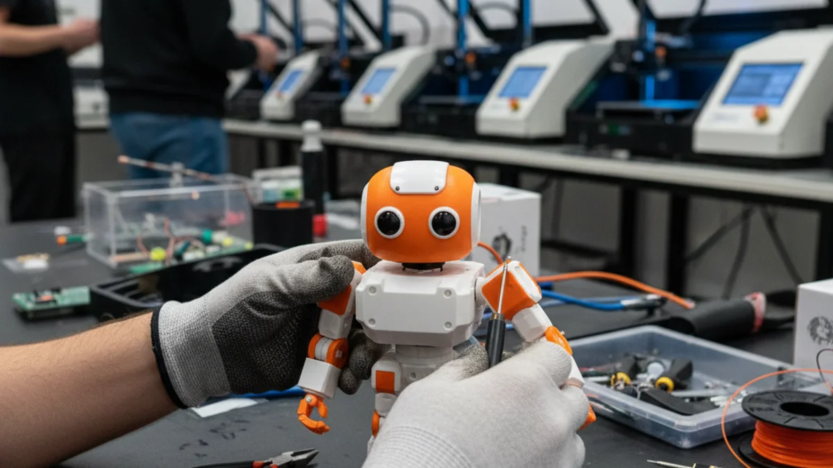 Imatge genèrica d'unes mans treballant en un petit robot o prototip en un laboratori de fabricació digital.