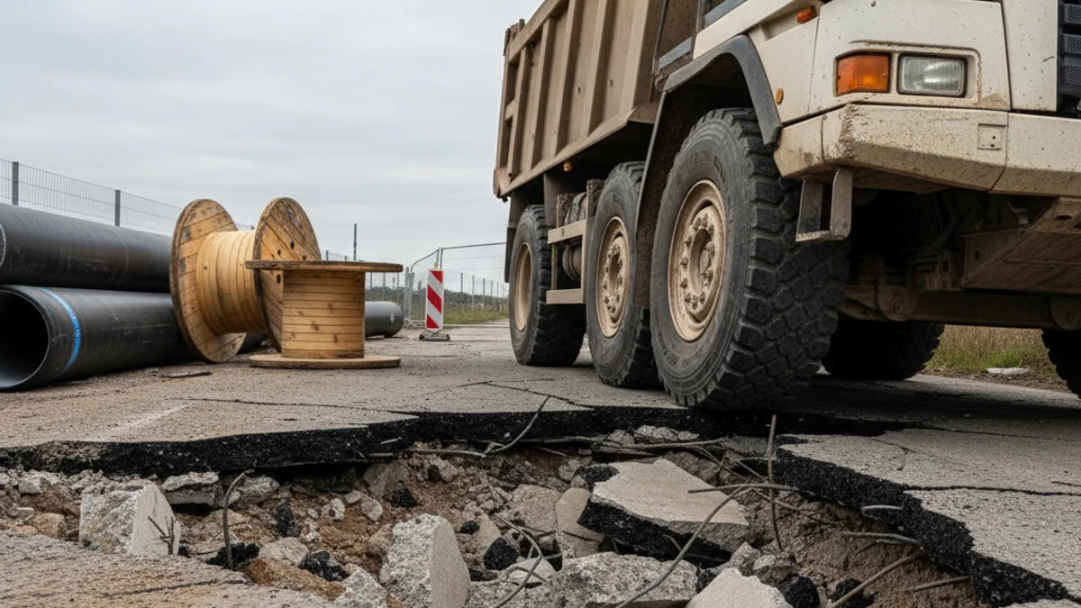 Imatge genèrica d'un camió atrapat en un tram de carretera enfonsat en una zona d'obres.
