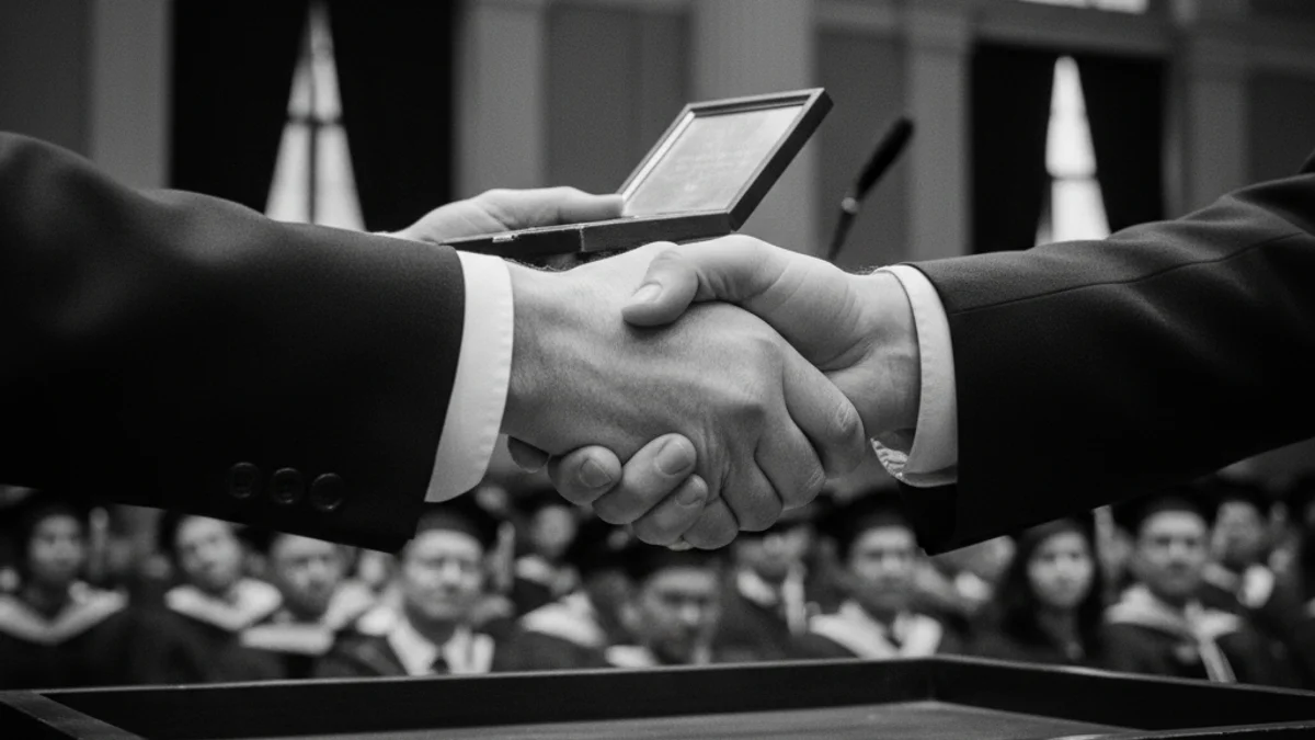 Dues enginyeres rebent un premi o fent una presentació científica, amb un fons neutre.