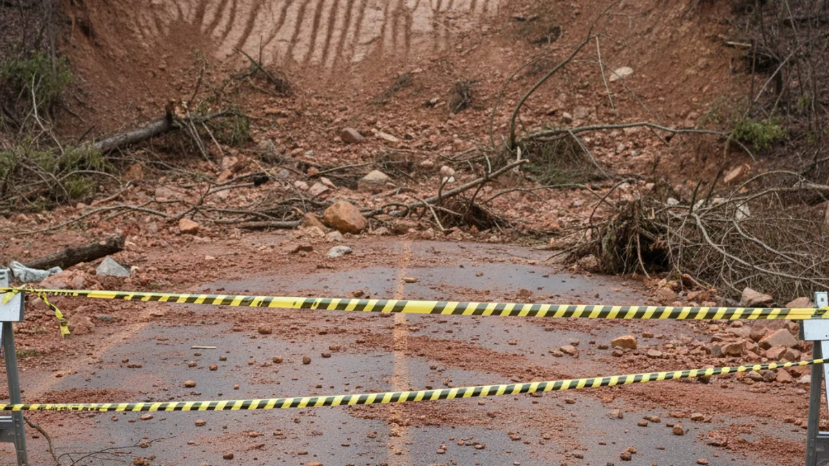 Imatge genèrica d'una carretera tallada amb senyals d'emergència i restes de terra i fang.