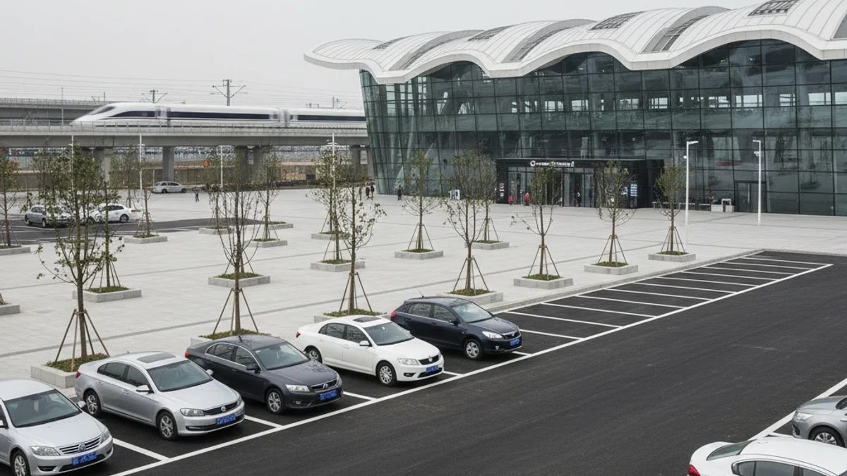 Vista d'un aparcament buit o amb pocs vehicles al costat d'una estació de tren d'alta velocitat.