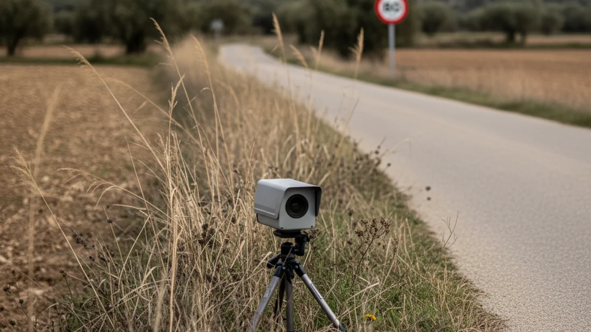 Imatge genèrica d'un radar de velocitat en una carretera local amb senyalització de límit.