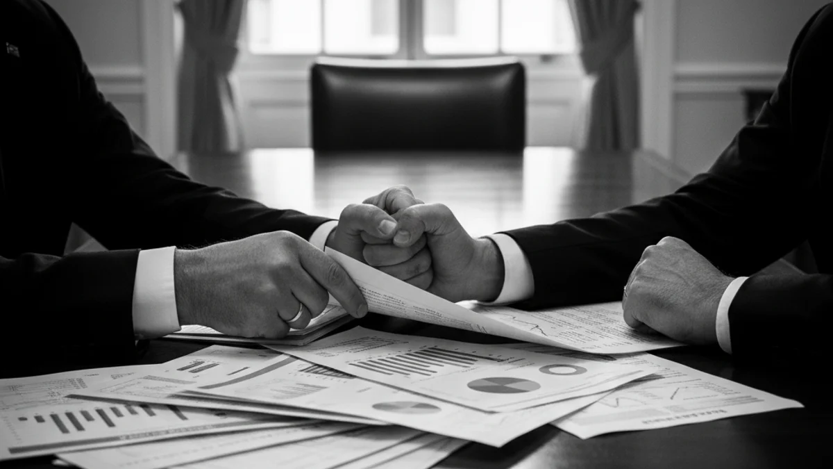 Representación genérica de una negociación política o presupuestaria, con documentos y carpetas sobre una mesa.